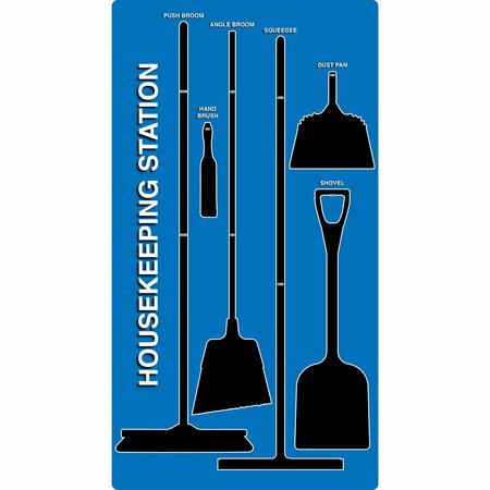 5S SUPPLIES 5S Housekeeping Shadow Board Broom Station Version 8 - Blue Board / Black Shadows  With Broom HSB-V8-BLUE-KIT